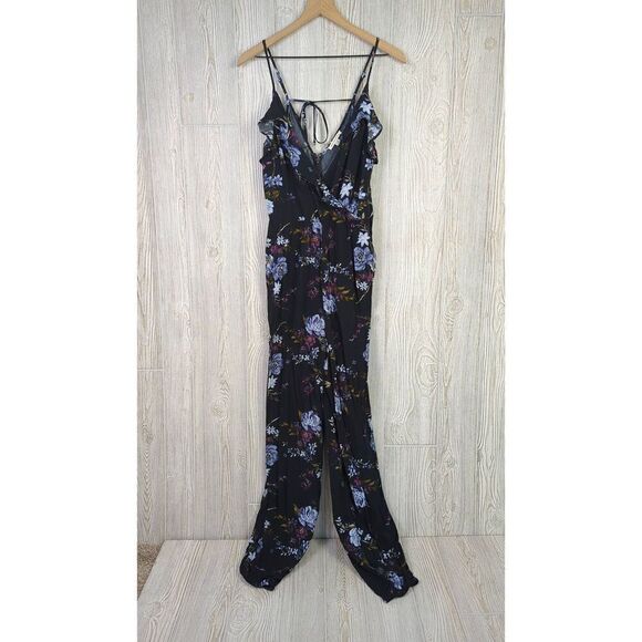 American Eagle Outfitters Women Small Long Faux Wrap Floral Print Jumpsuit Black - Picture 1 of 8